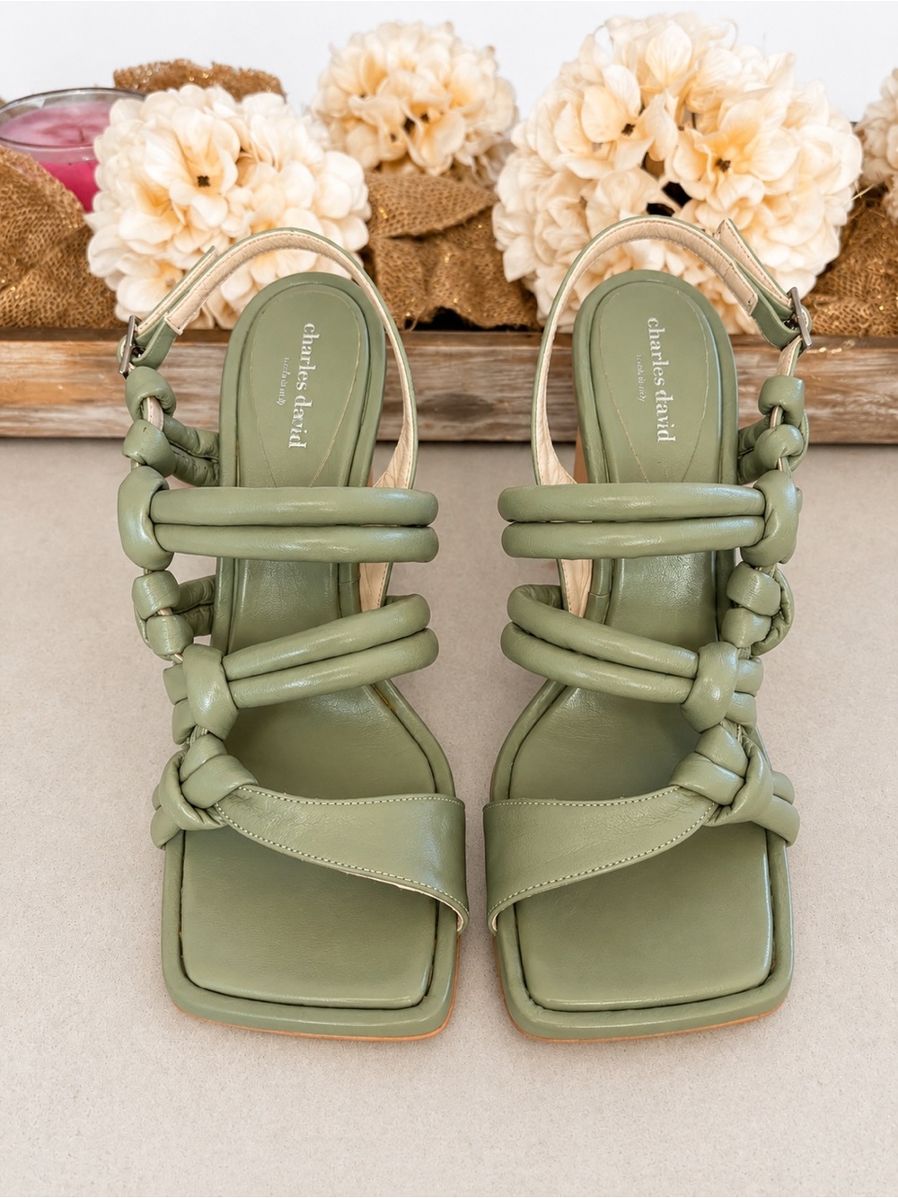 Charles David Sage Green Knotted Strap Heeled Sandals
